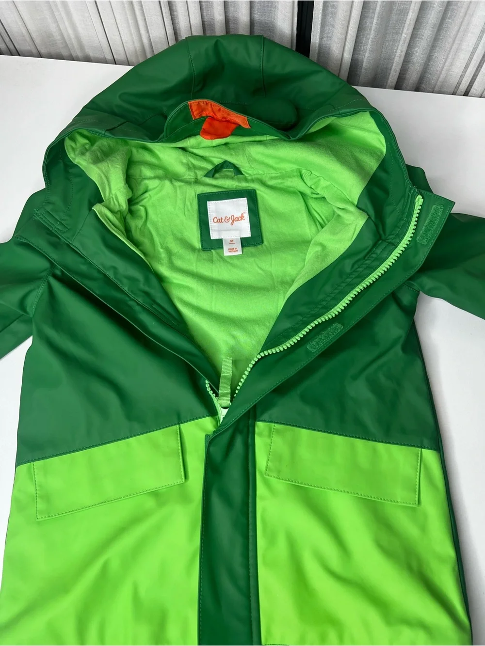 Cat & Jack Green Frog Hooded Rain Jacket with Lime Pockets